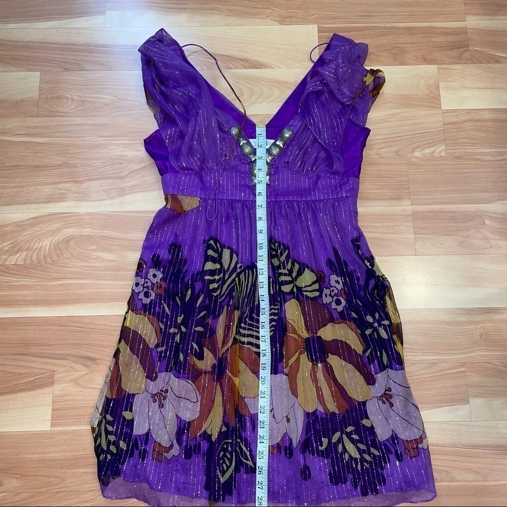 TIBI Silk Dress Sz 10 $495 Purple Floral Beads 100% Silk Metallic Empire Waist - Picture 12 of 14